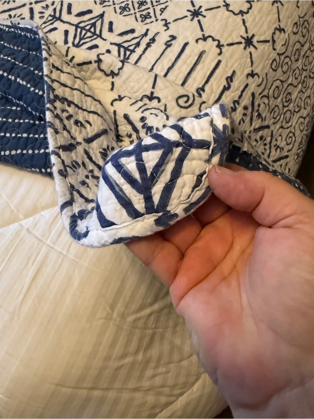 Navy and White Patchwork Quilted Reversible Bedspread - Full/Queen